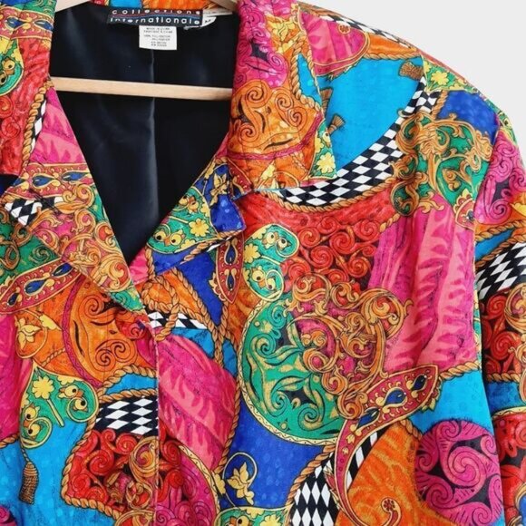 Vintage Silky Satin Retro Colorful Abstract Art Bomber Jacket Sz M - Picture 6 of 12